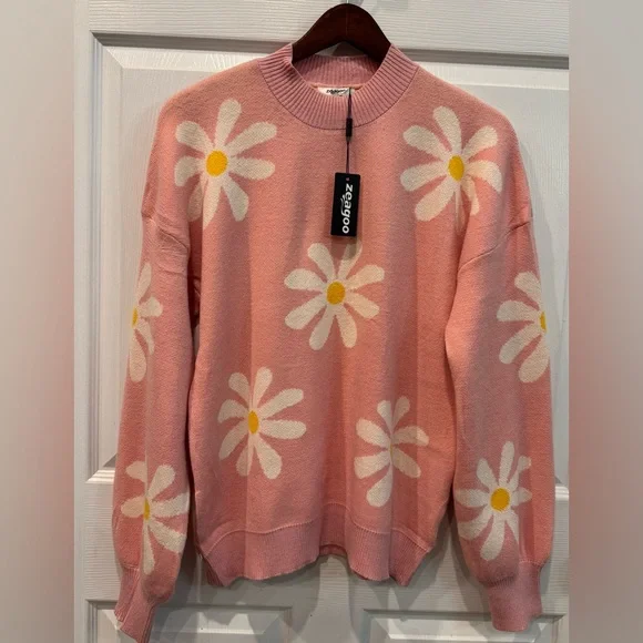Zeagoo Floral Daisy Balloon Sleeve Mock Neck Women’s Sweater Size XL Pink - Picture 1 of 6